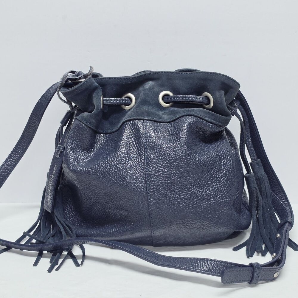 Vintage AMERICAN EAGLE Navy Leather Suede Drawstring Bucket Crossbody Bag Boho